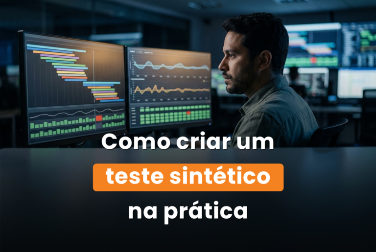 Analista de observabilidade acompanhando um teste sintético numa sala de operações, com a cascata de etapas e a fila de execuções nos monitores